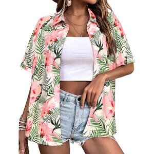 Women Pink/Green Hawaiian Button Down Shirts Short Sleeve Casual Floral